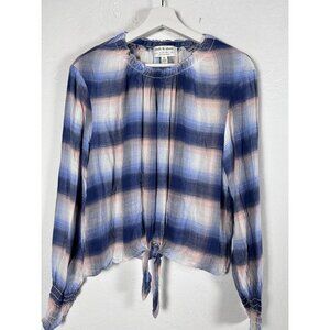 Anthropologie Cloth & Stone Smocked Tie-Front Plaid Top Blouse Large Blue NWOT